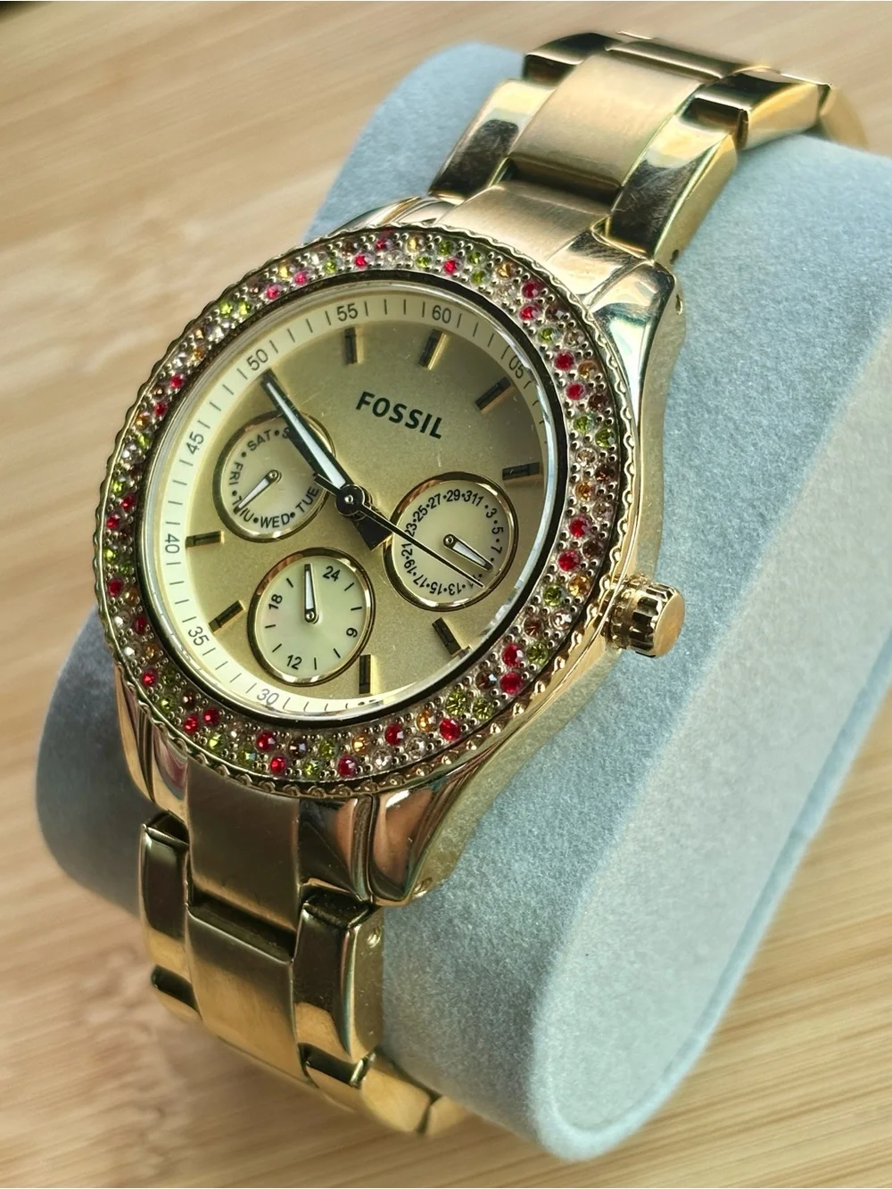 Fossil Stella Multi-Function Watch Gold Tone w/ Multicolored Crystal Stones 38mm